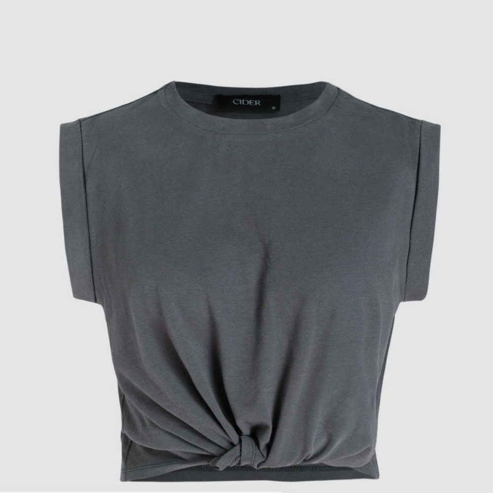 Cider solid round neckline twist short sleeve crop top in a dark grey color XS